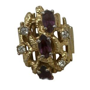 Aurora Jewelry Co18K Yellow Gold Cocktail Ring Purple & Clear Stones Vintage HGE
